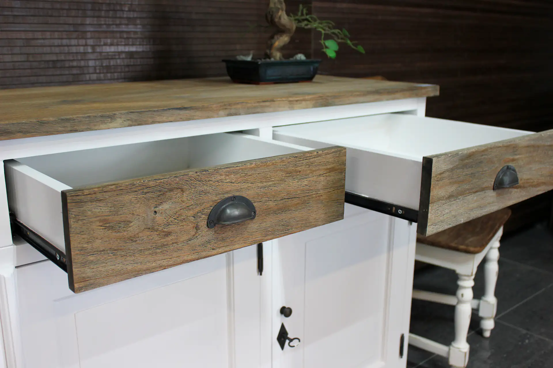 Asli D100-200L SW Teak | rustic white sideboard with teak - TEAK2 Rustic white sideboard with teak, hinged doors and drawers. White sideboard with a rustic look & traditional features - TEAK2.