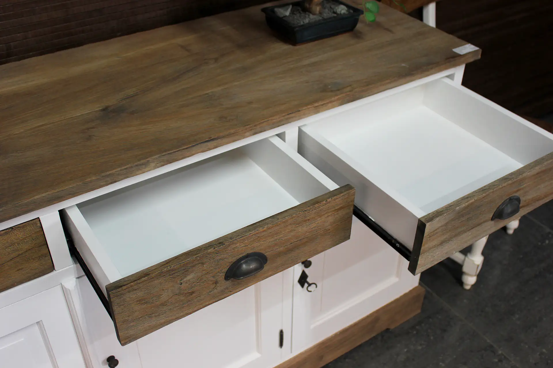 Asli D100-200L SW Teak | rustic white sideboard with teak - TEAK2 Rustic white sideboard with teak, hinged doors and drawers. White sideboard with a rustic look & traditional features - TEAK2.