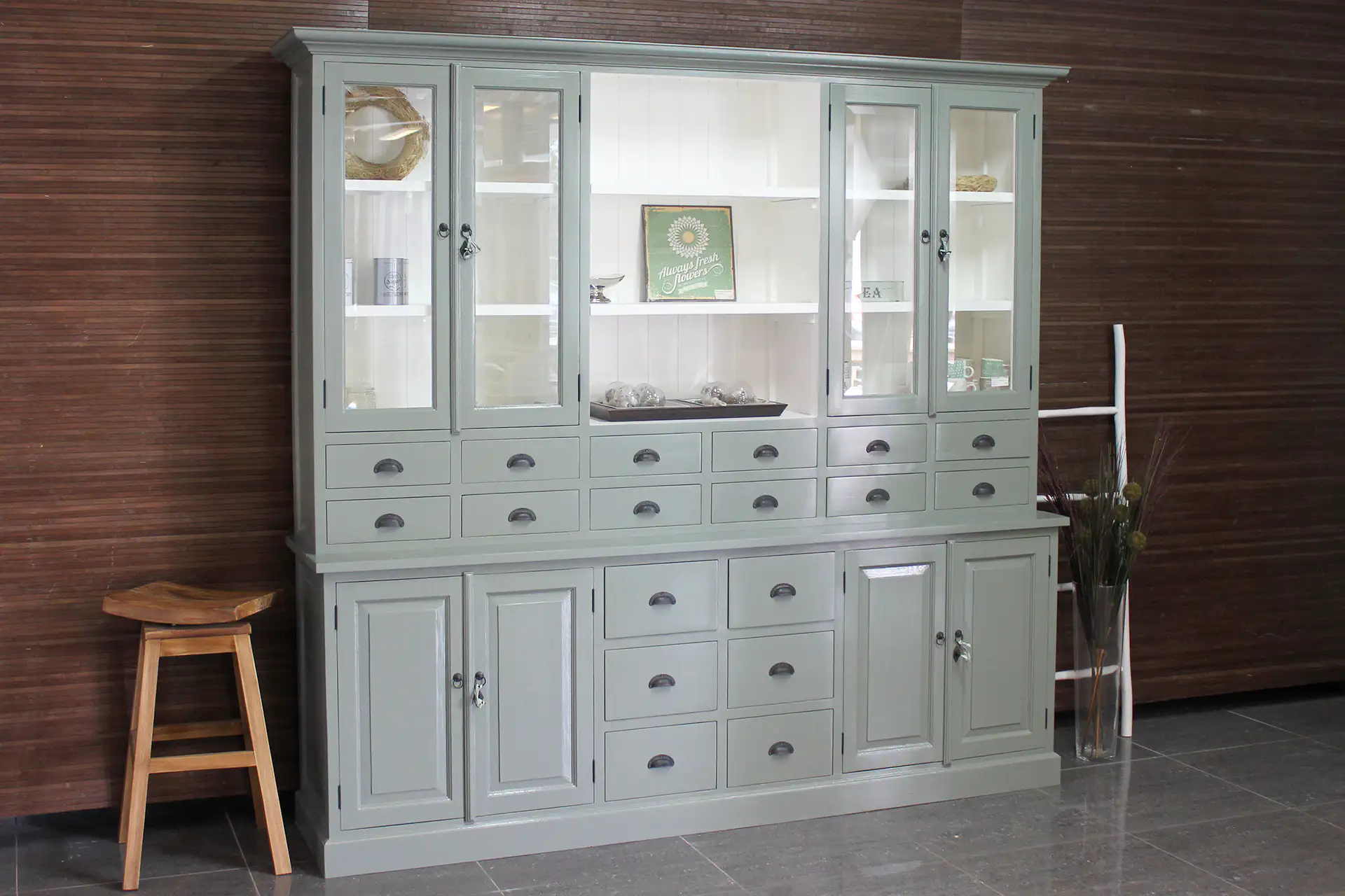 Barang 240WL CG | large pharmacy cabinet in cement gray - TEAK2 Large pharmacy cabinet in cement gray. Chic & stylish gray-green buffet cabinet with lots of drawers and storage space - furniture store TEAK2.
