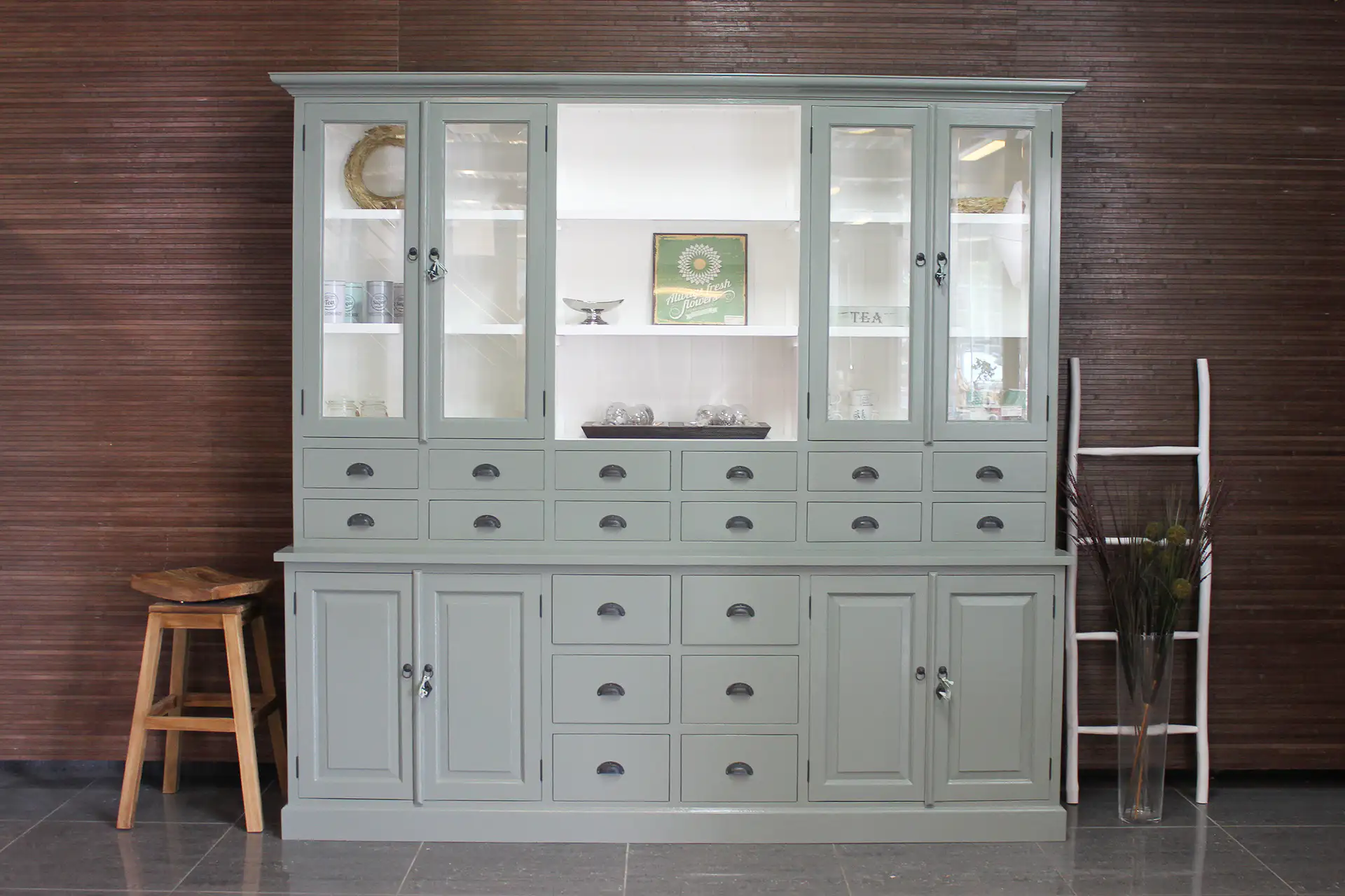 Barang 240WL CG | large pharmacy cabinet in cement gray - TEAK2 Large pharmacy cabinet in cement gray. Chic & stylish gray-green buffet cabinet with lots of drawers and storage space - furniture store TEAK2.