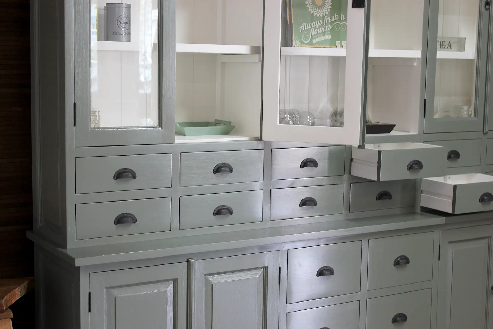Barang 240WL CG | large pharmacy cabinet in cement gray - TEAK2 Large pharmacy cabinet in cement gray. Chic & stylish gray-green buffet cabinet with lots of drawers and storage space - furniture store TEAK2.