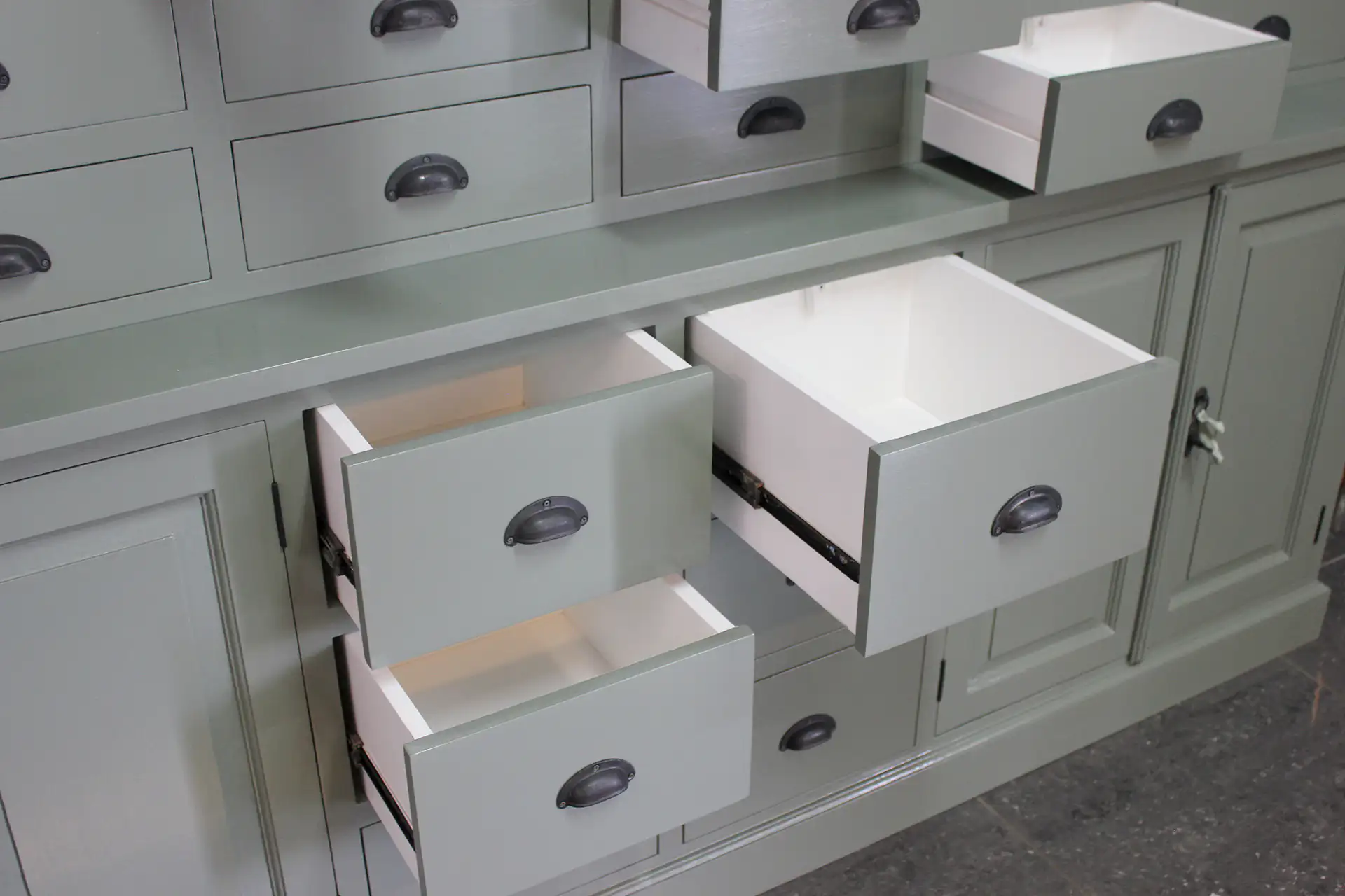 Barang 240WL CG | large pharmacy cabinet in cement gray - TEAK2 Large pharmacy cabinet in cement gray. Chic & stylish gray-green buffet cabinet with lots of drawers and storage space - furniture store TEAK2.