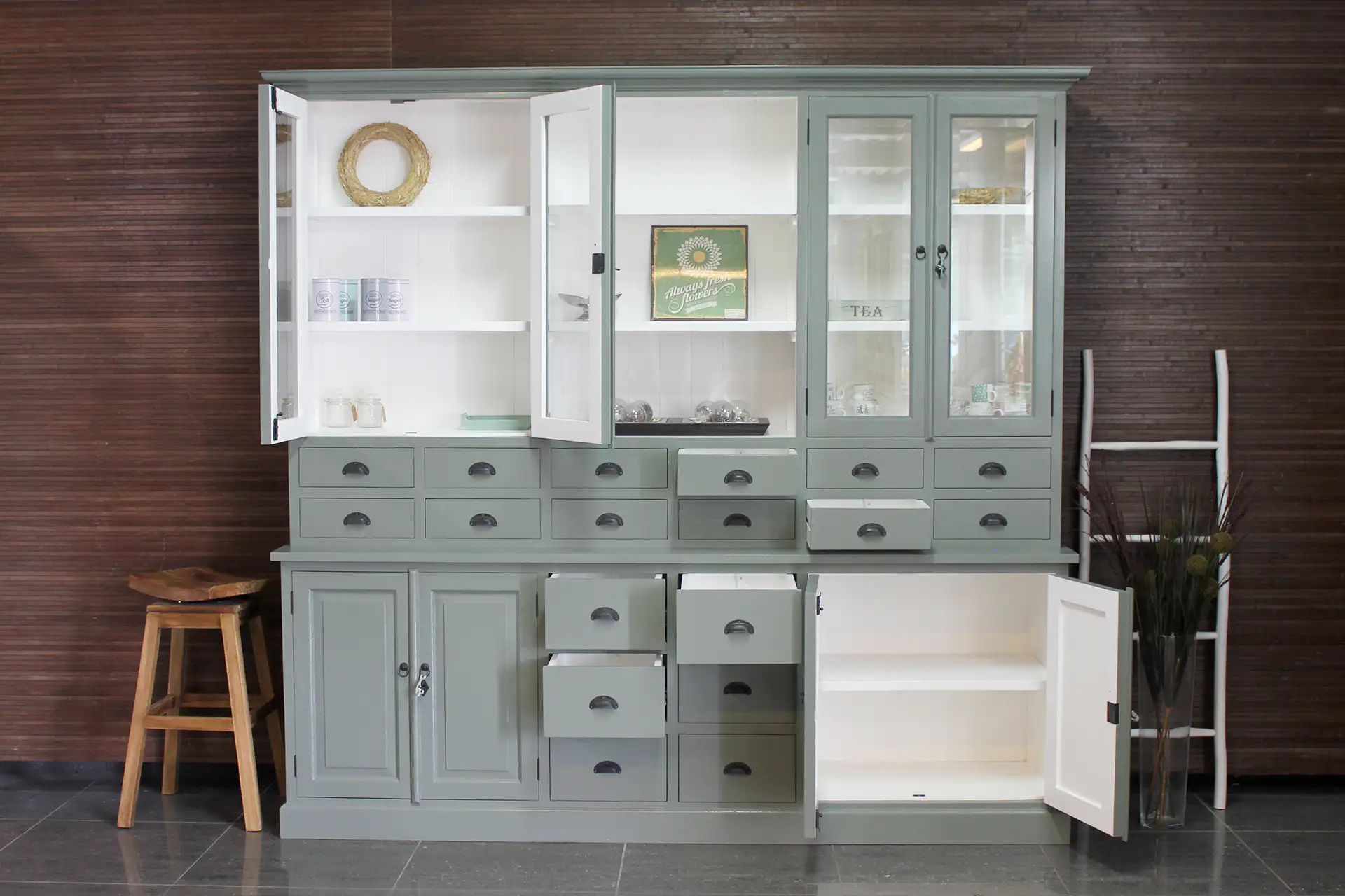 Barang 240WL CG | large pharmacy cabinet in cement gray - TEAK2 Large pharmacy cabinet in cement gray. Chic & stylish gray-green buffet cabinet with lots of drawers and storage space - furniture store TEAK2.