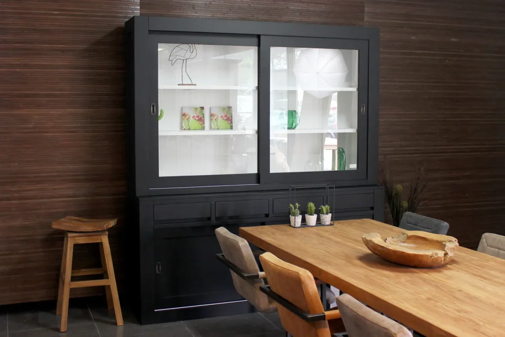 Baru 120-300WL ZW | black designer buffet cabinet, white interior. Sleek buffet cabinet or designer display cabinet in black. Designer furniture at TEAK2.