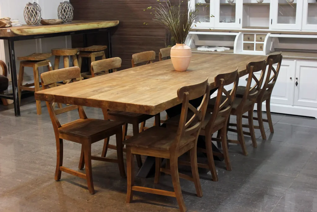 Teak Besi T180-300DL Old | designer table in teak with thick top (6 cm) and designer metal base. Luxurious metal matrix legs or spider legs, aged teak - TEAK2.