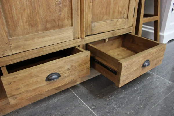 Exclusive teak cabinet with louvered doors. This unique teak wall cabinet is handcrafted in Indonesia - furniture store TEAK2.