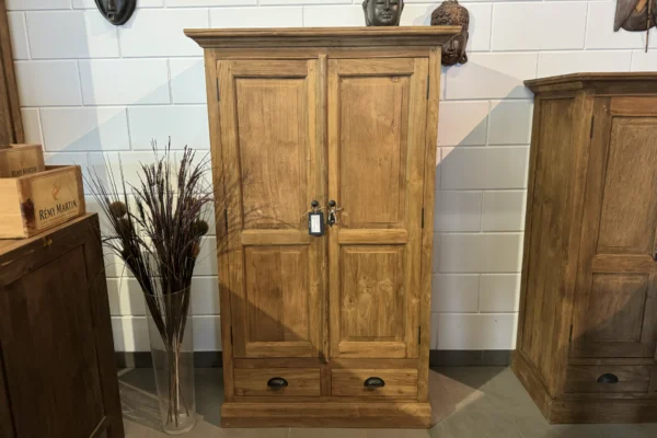Small wooden cabinet with 2 drawers from Indonesia in brushed old teak. Teak wall cabinet with revolving doors - teak shop TEAK2.
