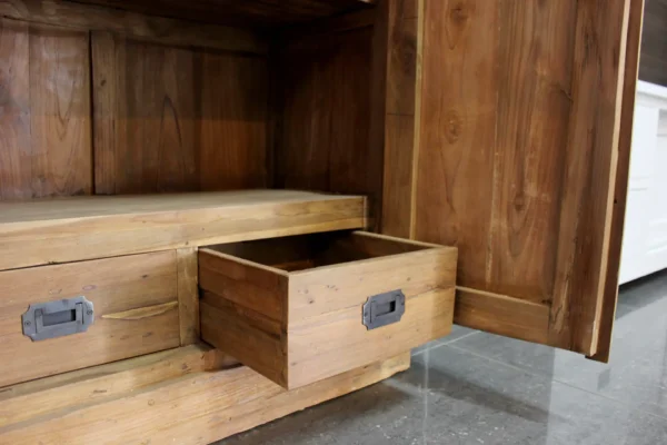 Teak cabinet from Indonesia with hinged doors and drawers behind the doors. Small and unique teak wall cabinet - furniture store TEAK2.