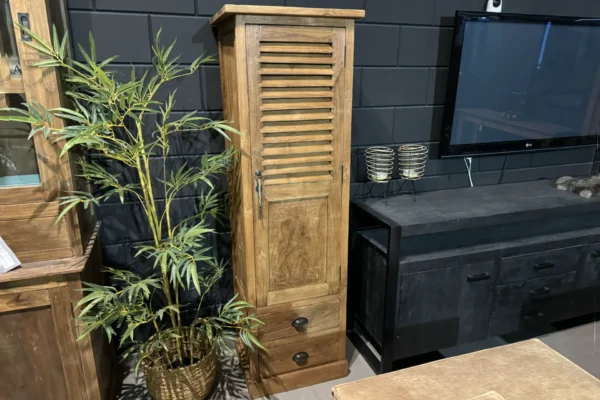 Narrow teak wall cabinet with louvered doors from Indonesia. This narrow cabinet has hinged doors - TEAK2.