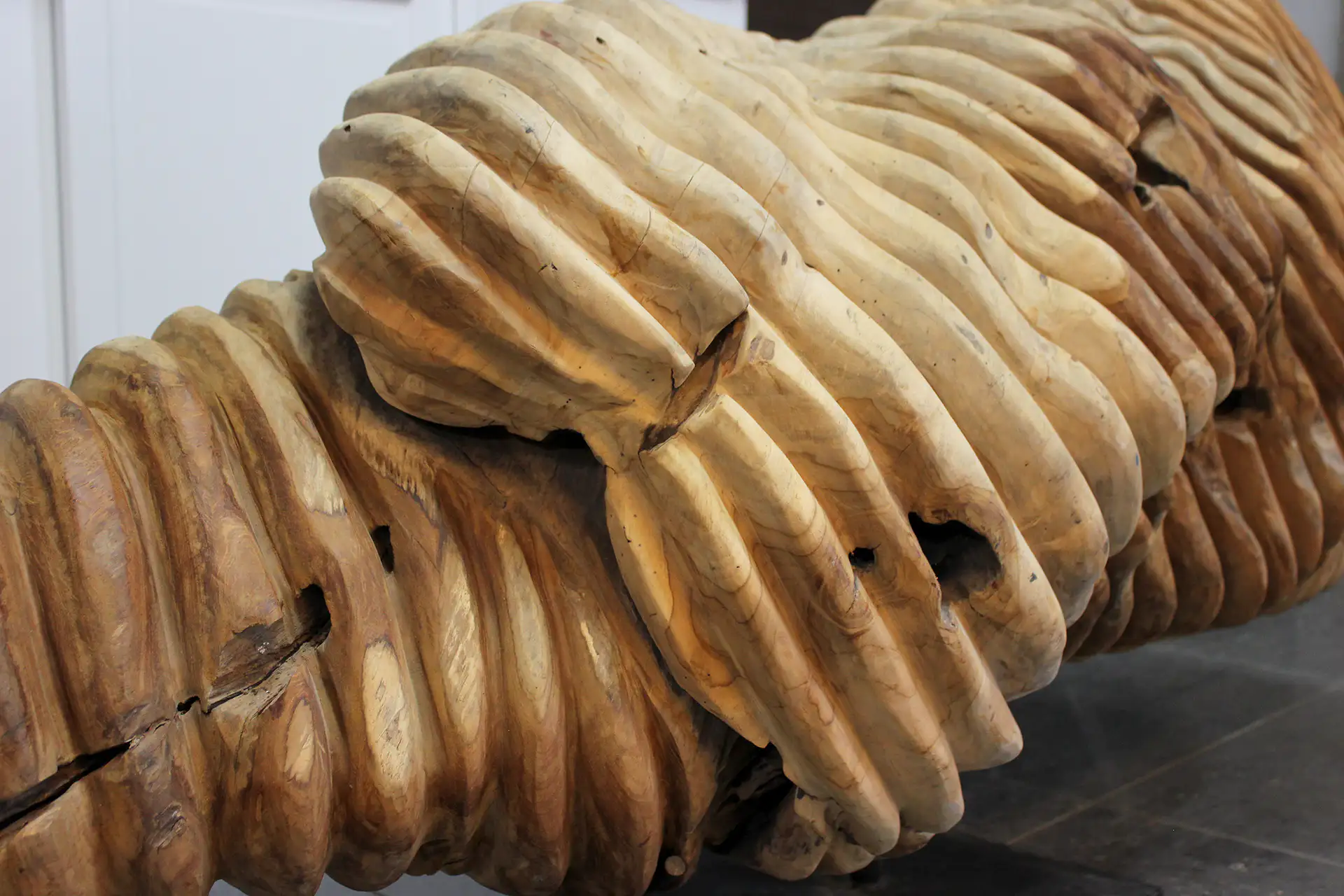 Patung Kerang 170 | einzigartige Teakholzskulptur, aus einer Muschel geschnitzt Einzigartige Teakholz-Skulptur in Form einer Muschel, vollständig massiv und ausgehöhlt. Exklusive Holzskulptur aus Teak-Maserholz – TEAK2.