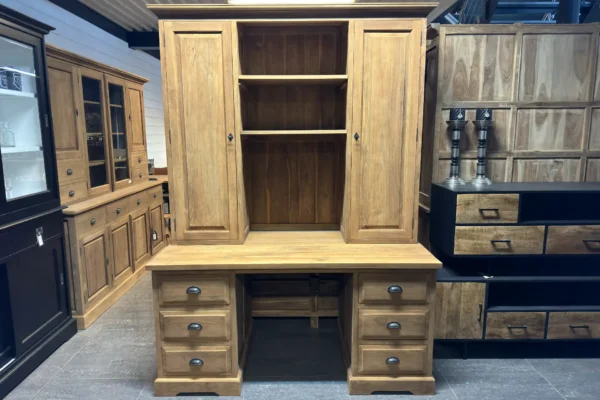 Rustic large desk with sturdy teak top cabinet. Large teak desk with lots of storage space.