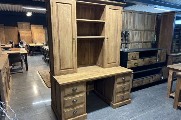 Rustic large desk with sturdy teak top cabinet. Large teak desk with lots of storage space.