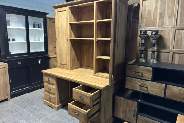 Rustic large desk with sturdy teak top cabinet. Large teak desk with lots of storage space.