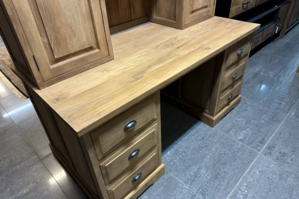Rustic large desk with sturdy teak top cabinet. Large teak desk with lots of storage space.