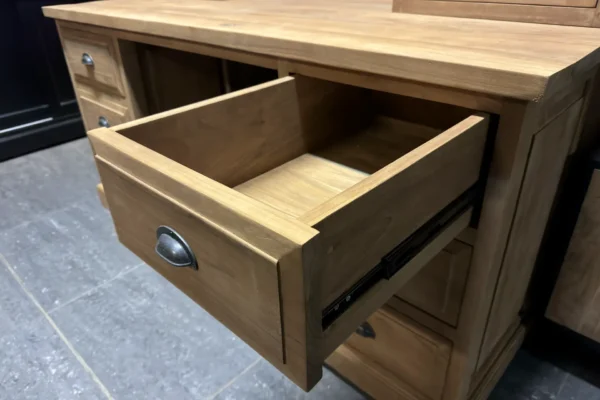 Rustic large desk with sturdy teak top cabinet. Large teak desk with lots of storage space.