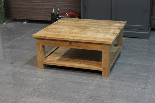 Moderne salontafel teak met onderblad. Teakhouten salontafels in puur, glad onbehandeld teakhout. Kwaliteit Indonesië - TEAK2.