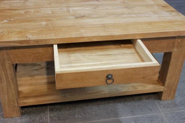 Moderne salontafel teak met onderblad. Teakhouten salontafels in puur, glad onbehandeld teakhout. Kwaliteit Indonesië - TEAK2.