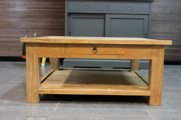Moderne salontafel teak met onderblad. Teakhouten salontafels in puur, glad onbehandeld teakhout. Kwaliteit Indonesië - TEAK2.