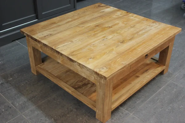 Moderne salontafel teak met onderblad. Teakhouten salontafels in puur, glad onbehandeld teakhout. Kwaliteit Indonesië - TEAK2.