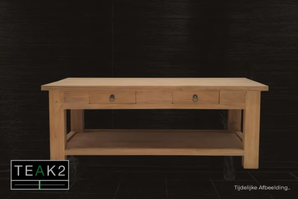 Moderne salontafel teak met onderblad. Teakhouten salontafels in puur, glad onbehandeld teakhout. Kwaliteit Indonesië - TEAK2.