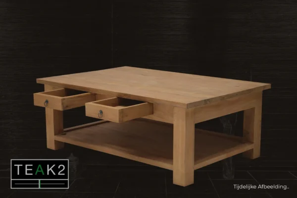 Moderne salontafel teak met onderblad. Teakhouten salontafels in puur, glad onbehandeld teakhout. Kwaliteit Indonesië - TEAK2.