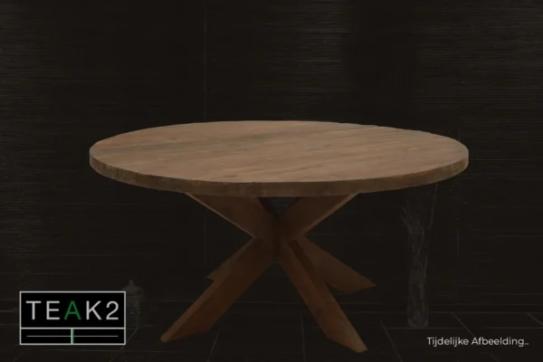 Moderne ronde tafel in oud teakhout en teakhouten design poot. Teak eettafel rond met exclusieve, moderne uitstraling - TEAK2.