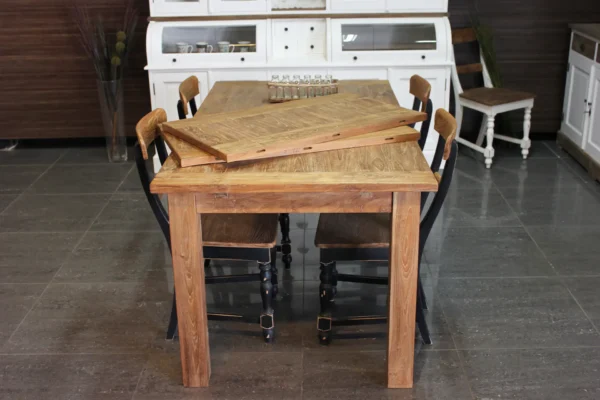 Landelijke uitschuifbare eettafel in oud teakhout. Uittrekbare tafel met metalen mechanisme en massief teak blad - TEAK2.