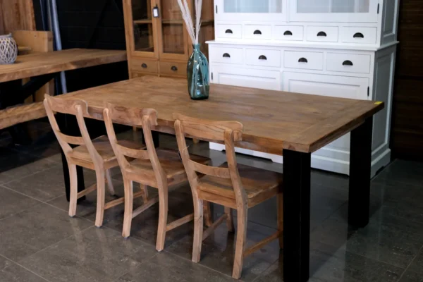 Rustic table in old teak with metal legs and header. 3cm teak top, metal leg - TEAK2.