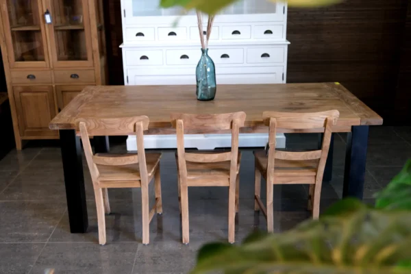 Rustic table in old teak with metal legs and header. 3cm teak top, metal leg - TEAK2.