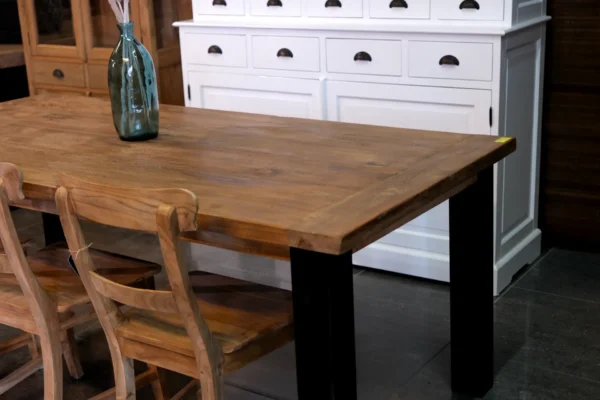 Rustic table in old teak with metal legs and header. 3cm teak top, metal leg - TEAK2.