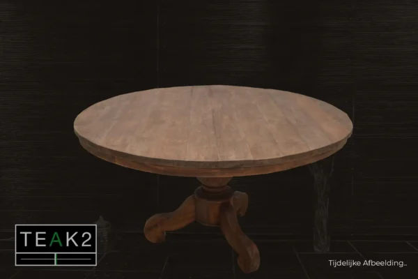 Teak dining table with beautiful structure due to the old teak. Round rustic table with sturdy wooden leg - TEAK2.