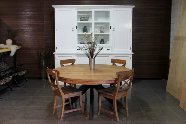 Table à manger en teck avec piètement en métal et beau teck ancien. Table ronde avec pied design en métal - Magasin de meubles TEAK2.