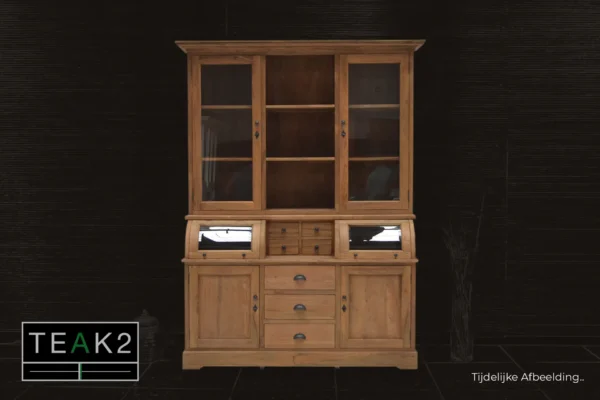 Teakhouten buffetkast met bolle klep in massief geborsteld oud teakhout. Luxe grutterskast met bolle kleppen - meubelwinkel TEAK2.