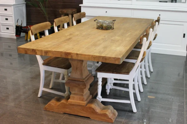 Kloostertafel teak met dik blad, landelijke tafel in oud teakhout met massieve poot en dik oud teakhouten blad - TEAK2.