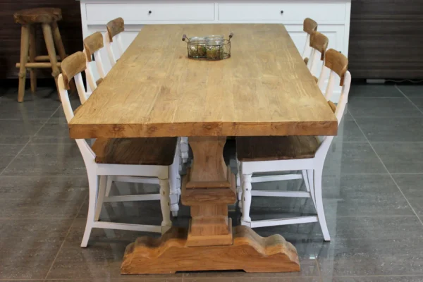 Kloostertafel teak met dik blad, landelijke tafel in oud teakhout met massieve poot en dik oud teakhouten blad - TEAK2.