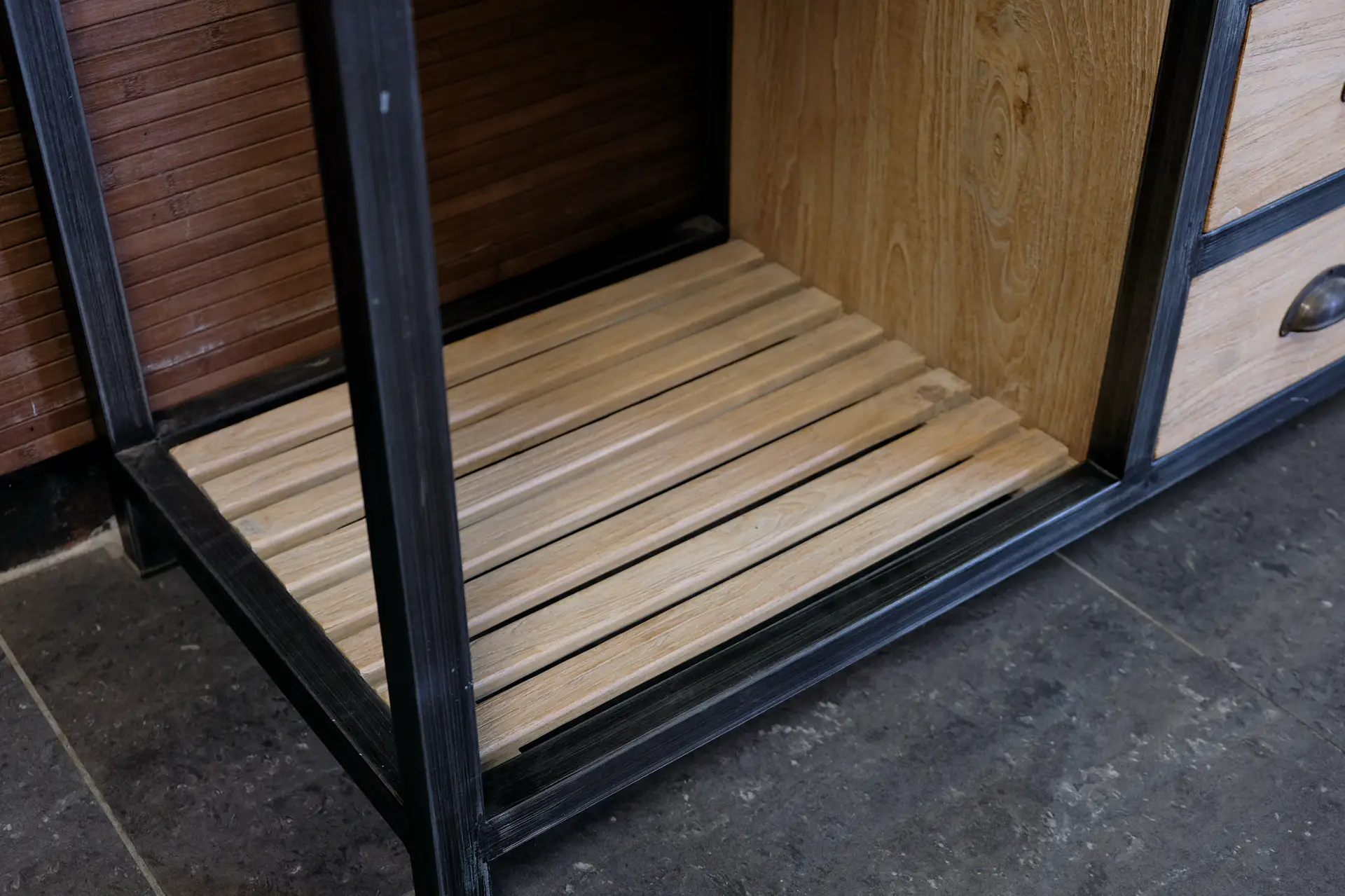 Teak Rumah D140GIML Old | industrial light wooden wall table Industrial light wooden wall table teak and metal, side table with drawer unit in the middle and shelf - TEAK2.