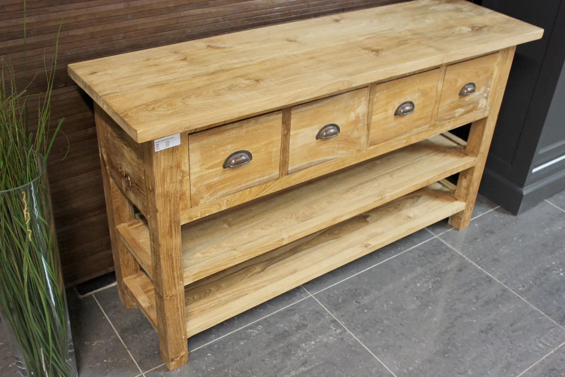 Teak Rusuk D100-220 | teak sidetable modern glad teak - TEAK2 Landelijke teak sidetable in modern glad teak. Wandtafel met lades en komprepen, 2 schappen. Bekijk de webshop van TEAK2.