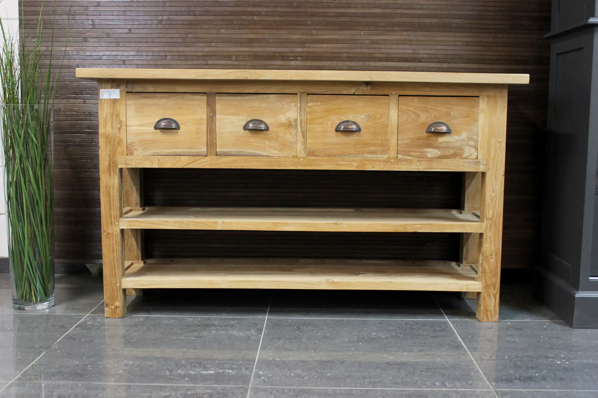 Teak Rusuk D100-220 | teak sidetable modern glad teak - TEAK2 Landelijke teak sidetable in modern glad teak. Wandtafel met lades en komprepen, 2 schappen. Bekijk de webshop van TEAK2.