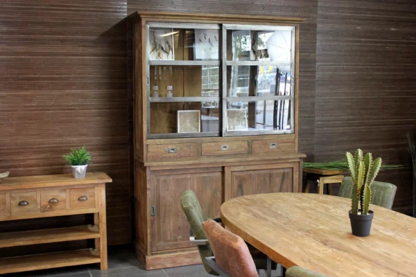 Industriële teak vitrinekast oud teakhout + ijzeren schuifdeuren. Modern landelijke uitstraling, aparte buffetkast - TEAK2.