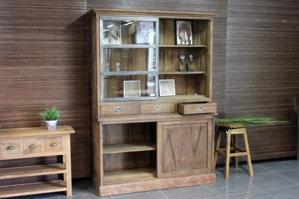 Industriële teak vitrinekast oud teakhout + ijzeren schuifdeuren. Modern landelijke uitstraling, aparte buffetkast - TEAK2.