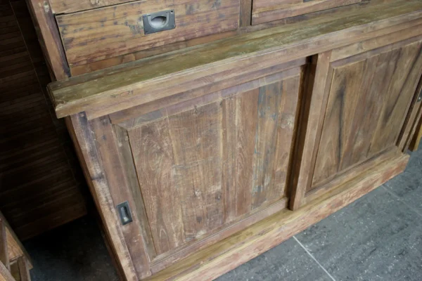 Industriële teak vitrinekast oud teakhout + ijzeren schuifdeuren. Modern landelijke uitstraling, aparte buffetkast - TEAK2.