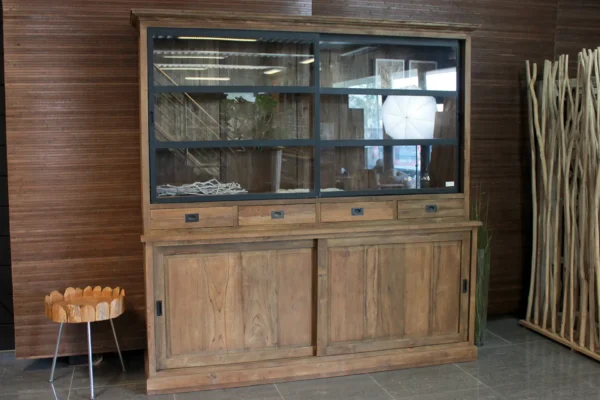Industriële teak vitrinekast oud teakhout + ijzeren schuifdeuren. Modern landelijke uitstraling, aparte buffetkast - TEAK2.