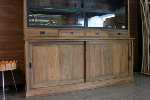 Industriële teak vitrinekast oud teakhout + ijzeren schuifdeuren. Modern landelijke uitstraling, aparte buffetkast - TEAK2.