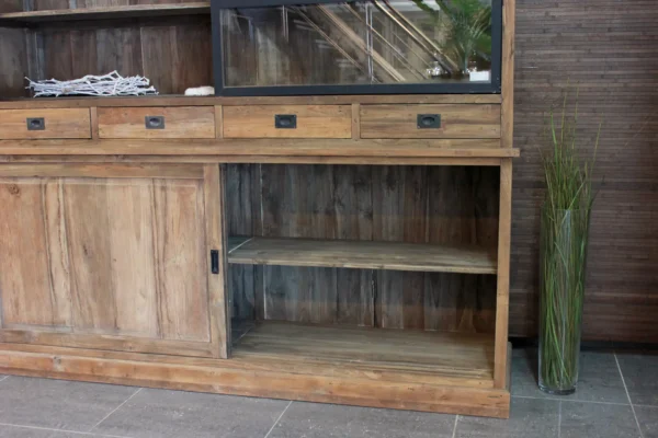 Industriële teak vitrinekast oud teakhout + ijzeren schuifdeuren. Modern landelijke uitstraling, aparte buffetkast - TEAK2.