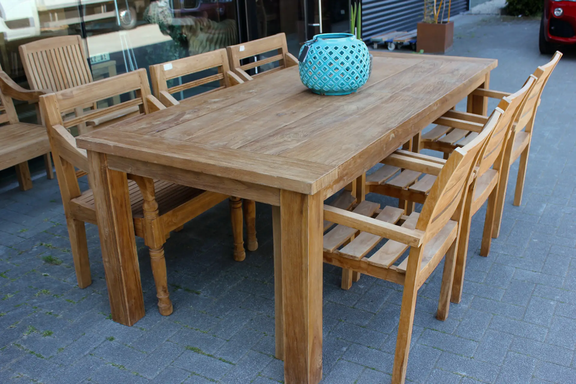 Teak Taman O180-300DK Old | dickes Teak Gartentisch aus altem Teak Dicker Gartentisch aus gebürstetem, altem Teakholz, Qualität aus Indonesien. Kleine und große Gartentische aus massivem Teakholz – TEAK2