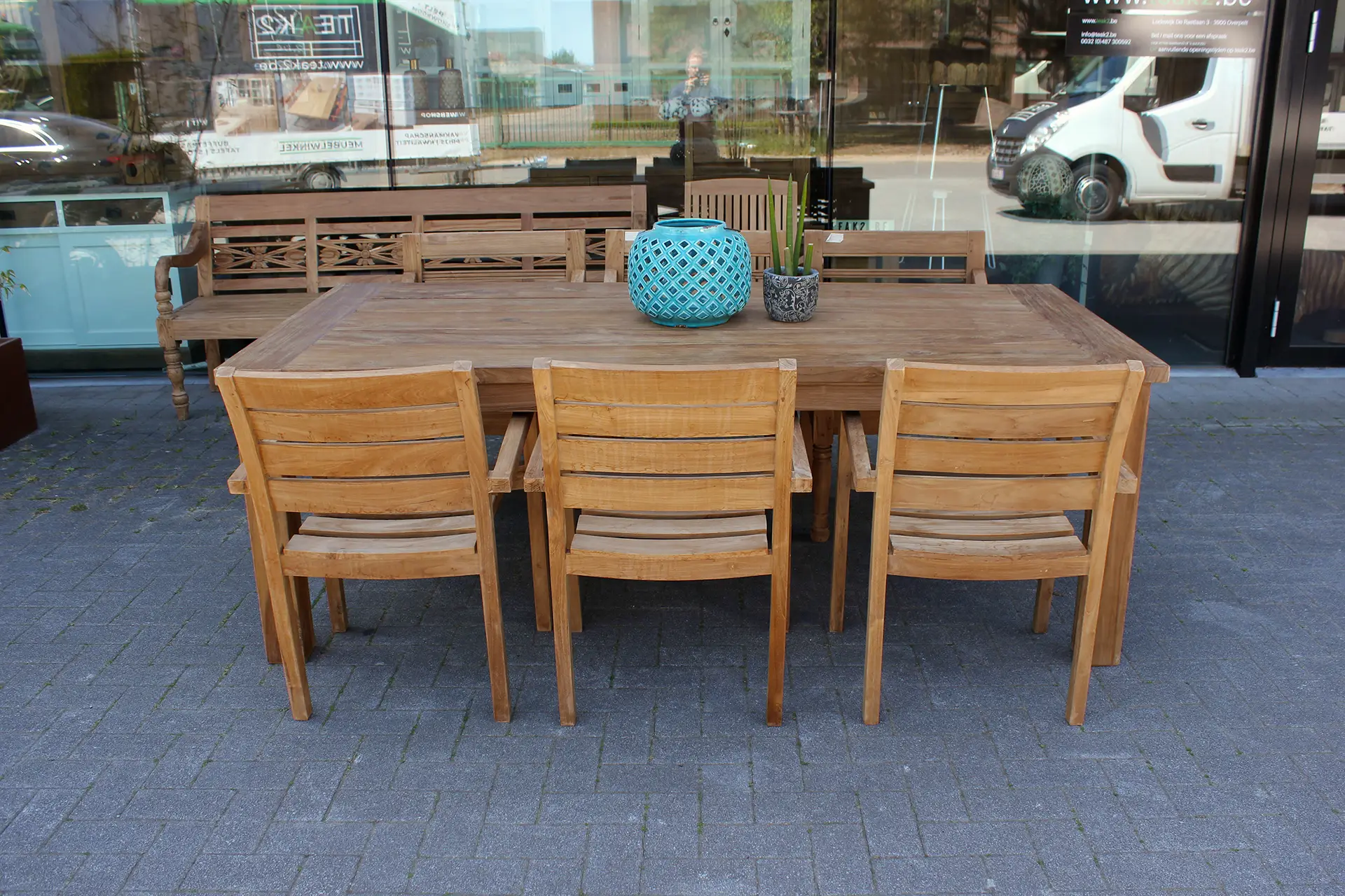 Teak Taman O180-300DK Old | dickes Teak Gartentisch aus altem Teak Dicker Gartentisch aus gebürstetem, altem Teakholz, Qualität aus Indonesien. Kleine und große Gartentische aus massivem Teakholz – TEAK2