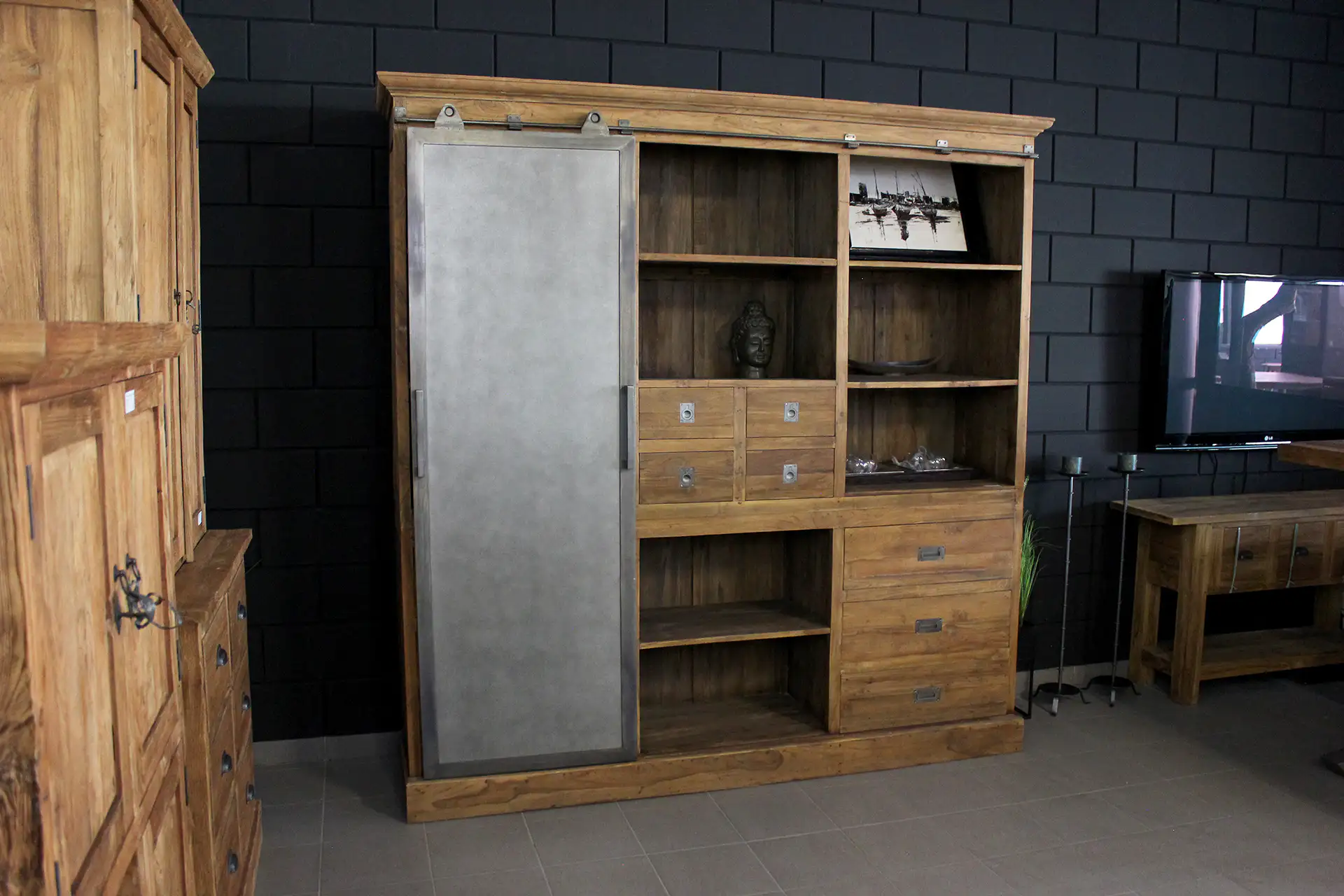 Teak Tangga 220ML Old | industrial buffet cabinet teak, iron door Industrial teak buffet cabinet with iron sliding door. Teak buffet cabinet with an industrial look - TEAK2.