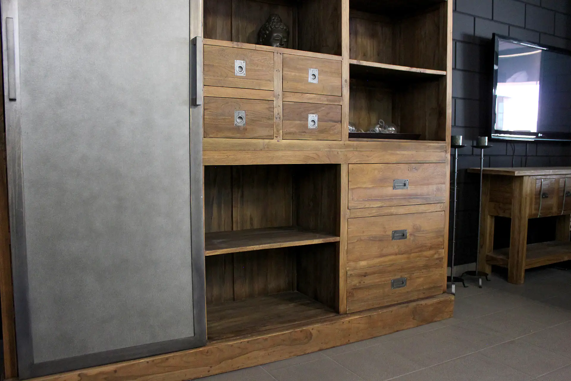 Teak Tangga 220ML Old | industrial buffet cabinet teak, iron door Industrial teak buffet cabinet with iron sliding door. Teak buffet cabinet with an industrial look - TEAK2.