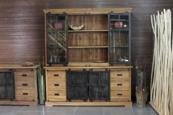 Industrial wooden display cabinet in sturdy brushed old teak with iron sliding doors - TEAK2.