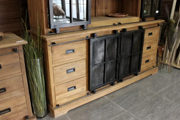 Industrial wooden display cabinet in sturdy brushed old teak with iron sliding doors - TEAK2.